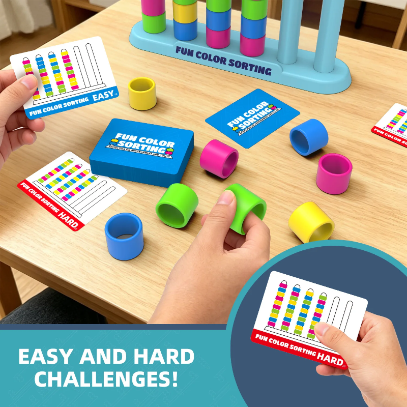 Easy and hard pattern cards beside colored rings and a blue stacking stand