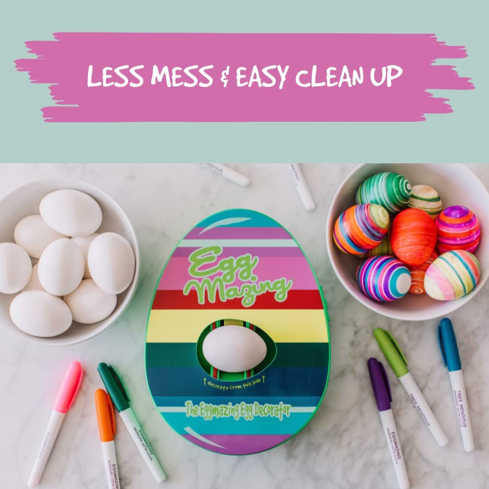 Rotating egg decorator beside bowls of plain and striped eggs, with colored pens on the table