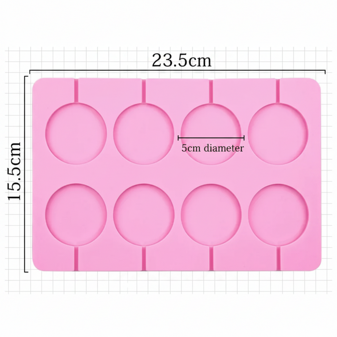 Eight-cavity round mold measuring 23.5 x 15.5 cm, with 5 cm diameter cavities