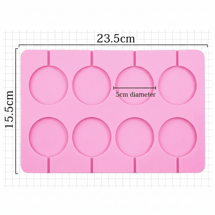 Eight-cavity round mold measuring 23.5 x 15.5 cm, with 5 cm diameter cavities