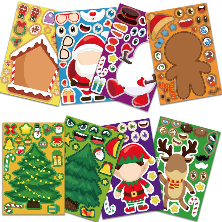 Eight Christmas sticker sheet designs, including Santa, snowman, reindeer, and gingerbread characters