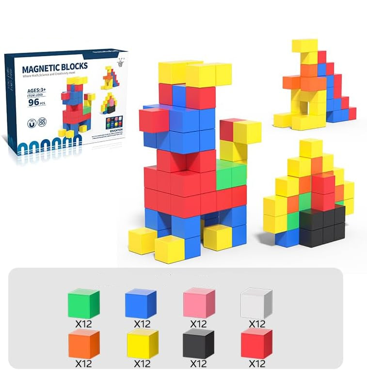 96-piece magnetic cube set with figure and animal builds and an eight-color assortment