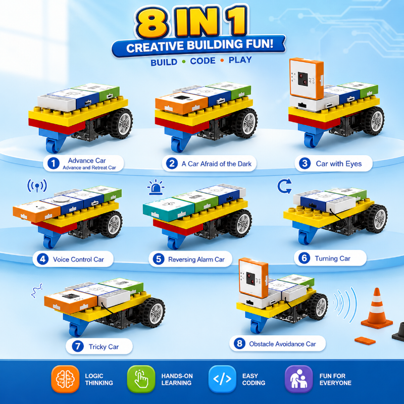 Eight programming projects shown with wheeled electronic building-block models