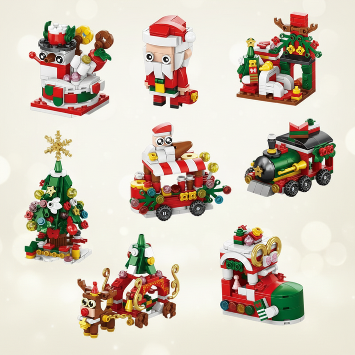 Eight Christmas building designs, including Santa, a tree, a train, a car, a shoe, and a sleigh