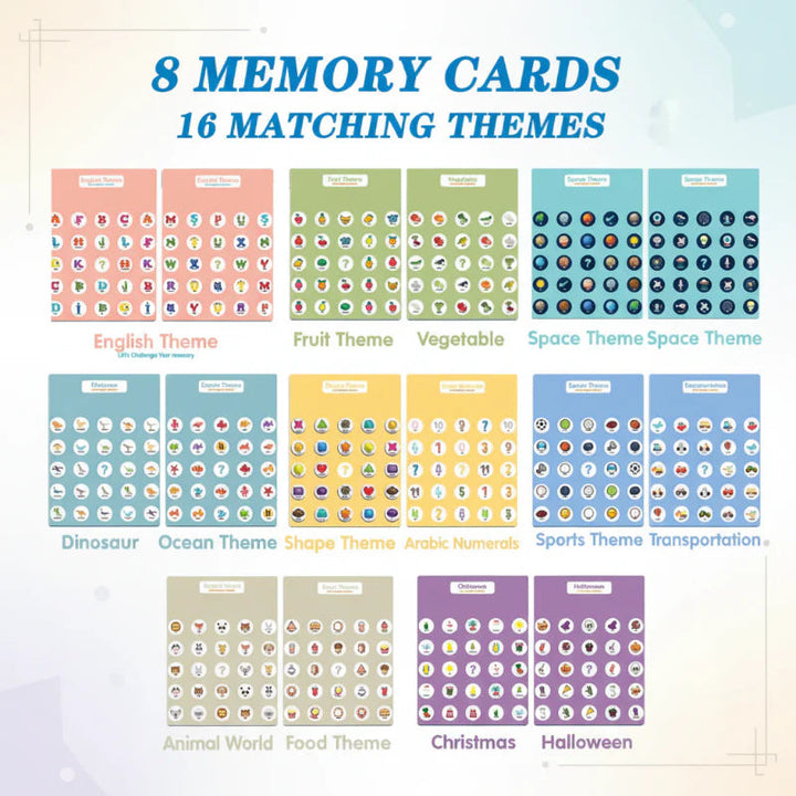 Eight memory cards with 16 matching themes, including animals, fruit, shapes and vehicles