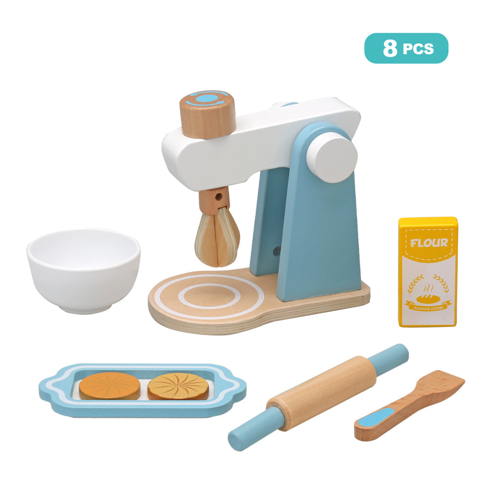 Eight-piece pretend baking set with a wooden mixer, bowl, rolling pin, flour carton, spoon, tray, and two cookies