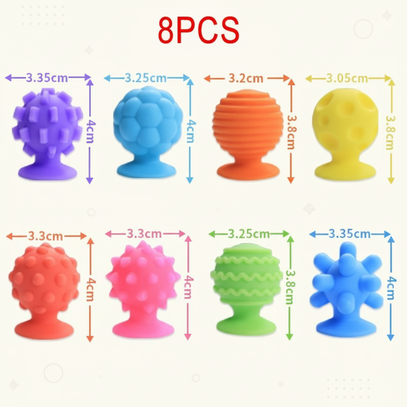 Eight-piece round fidget set with eight textures and measurements for each design