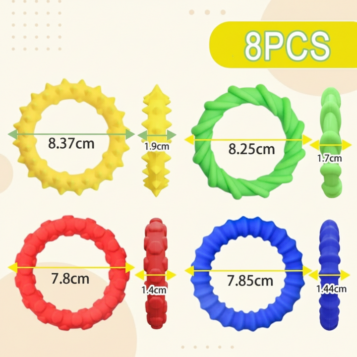 Eight-piece textured silicone ring option, with four colors and measurements shown