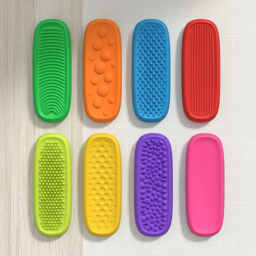 Eight-piece sensory strip set arranged in two rows with a different color and texture on each strip.