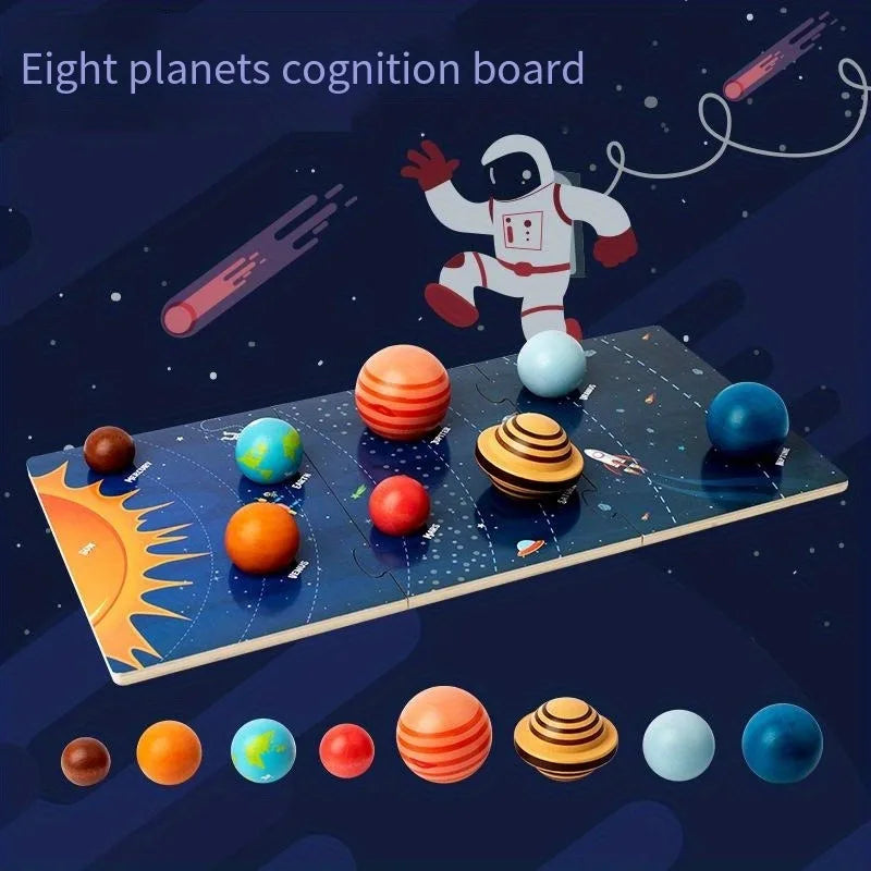 Wooden solar system board with eight planets shown in place and in a row below