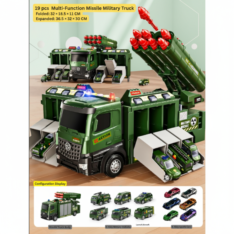 Eight-rocket 19-piece military toy truck set with miniature vehicles and colorful toy cars