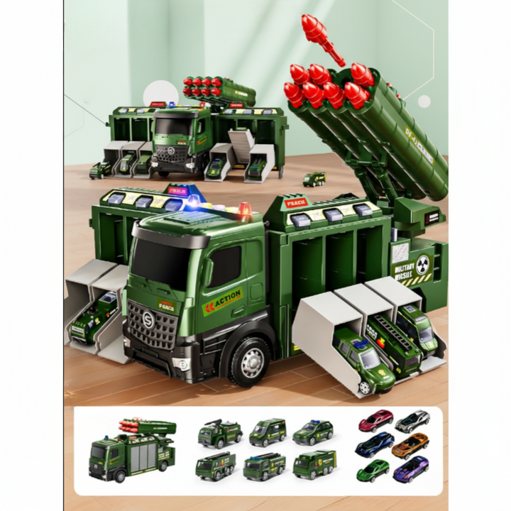 Eight-rocket military toy truck shown closed and expanded, with miniature vehicles and toy cars