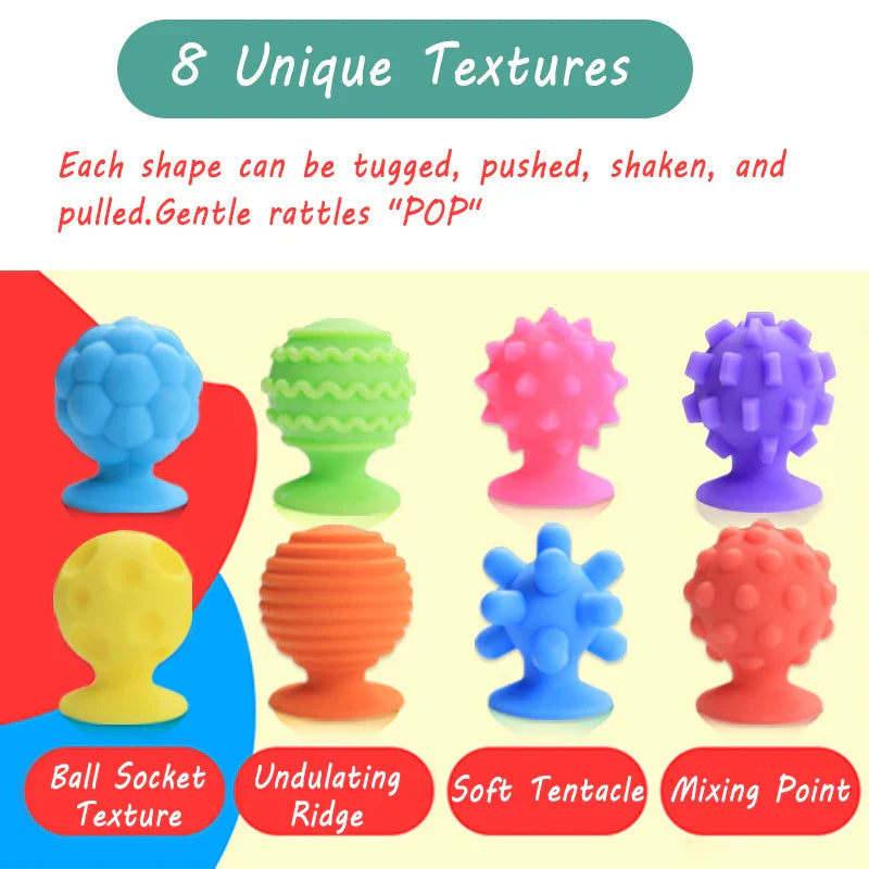 Eight colorful round silicone fidgets with varied raised textures and small bases