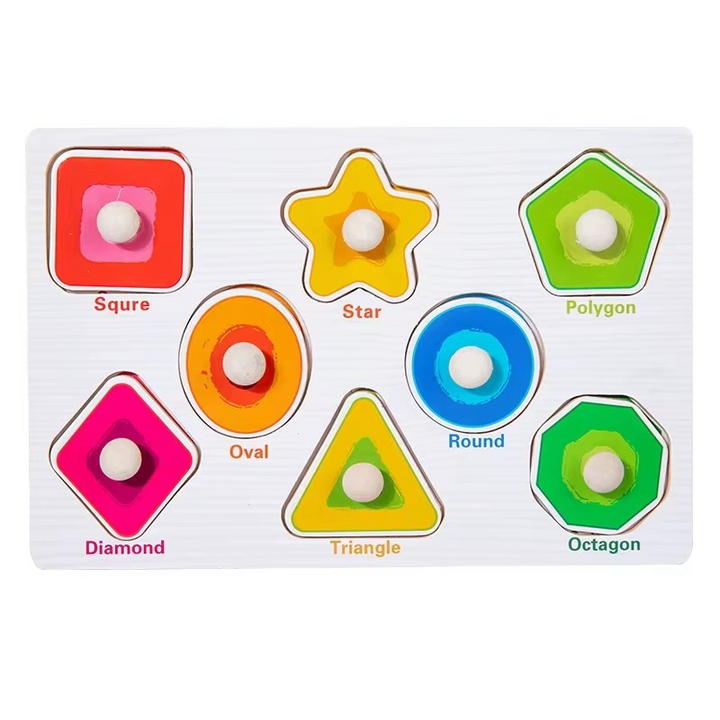 Shape board with eight colorful knobbed pieces and matching outlines