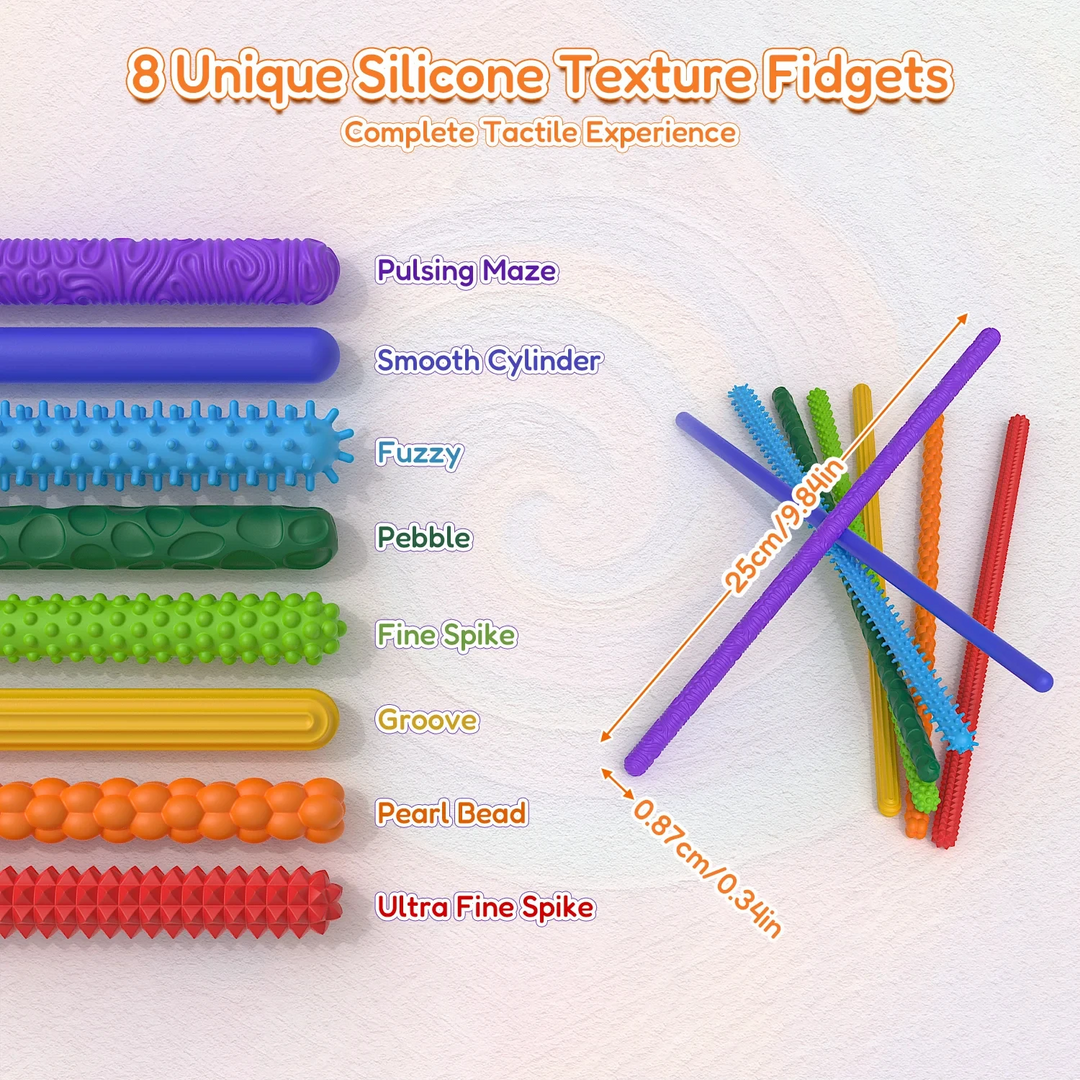 Eight silicone fidget stick textures, including smooth, grooved, pebbled, beaded, and spiky surfaces.