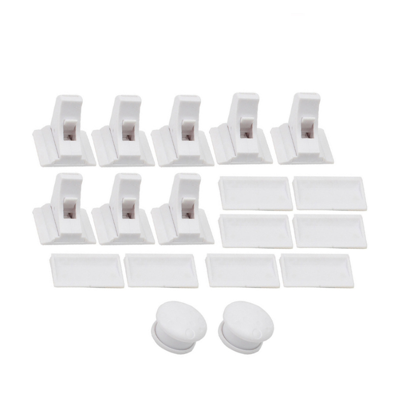 Eight white cabinet locks with matching mounting plates and two magnetic keys