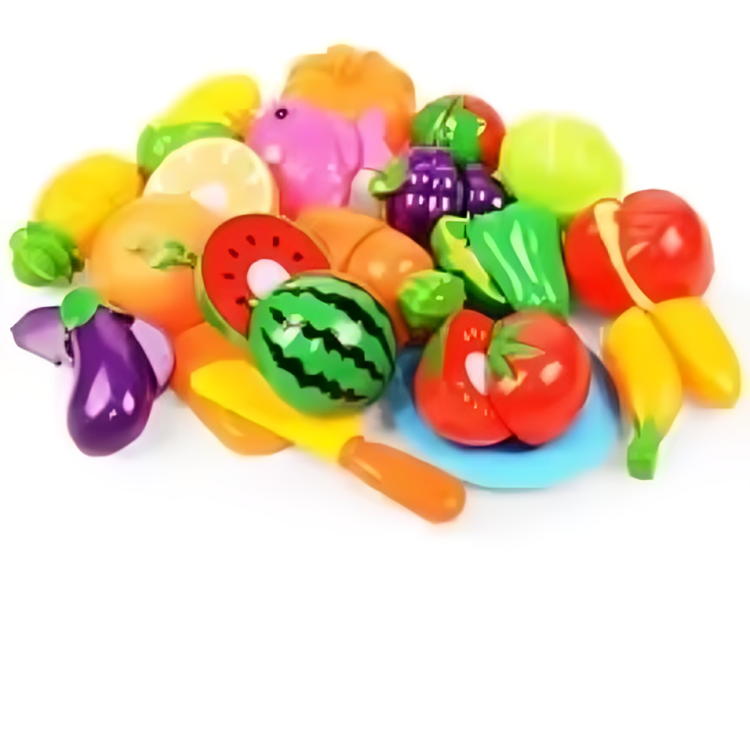 18-piece play food set with colorful fruits, vegetables, a blue plate, and toy cutting tools