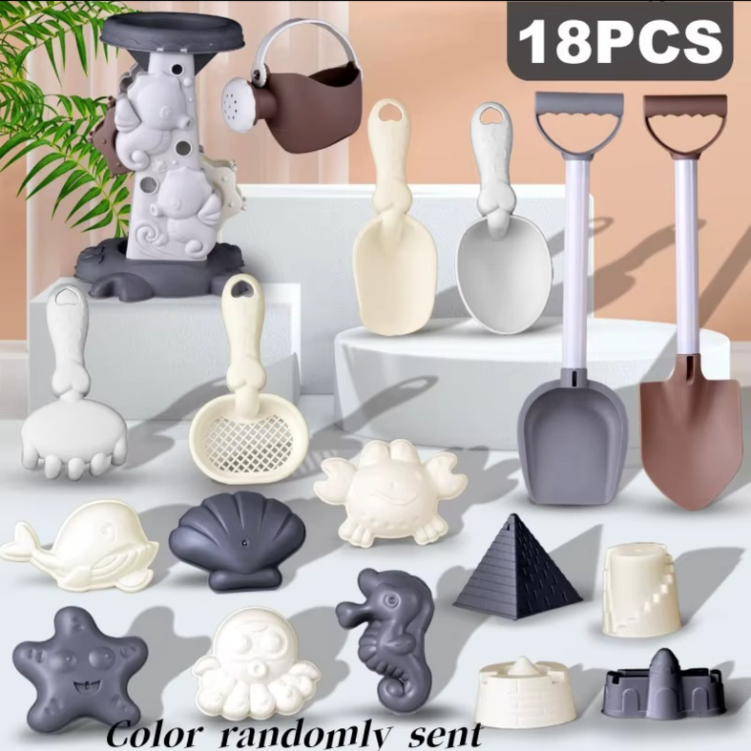 18-piece sand mill beach set with watering can, shovels, tools, and sand molds