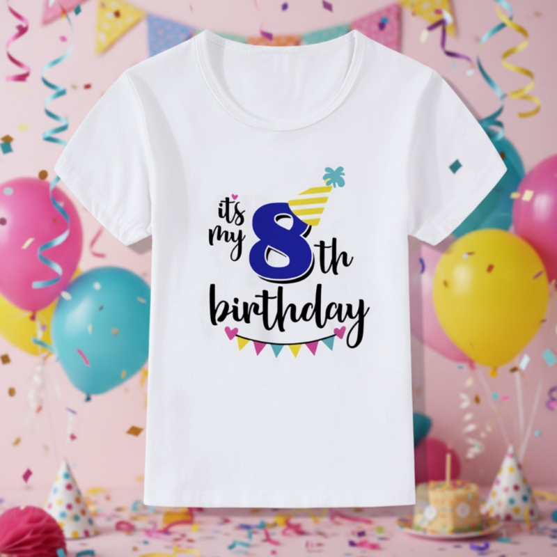 White eighth-birthday T-shirt with a blue number 8, yellow party hat, and colorful bunting