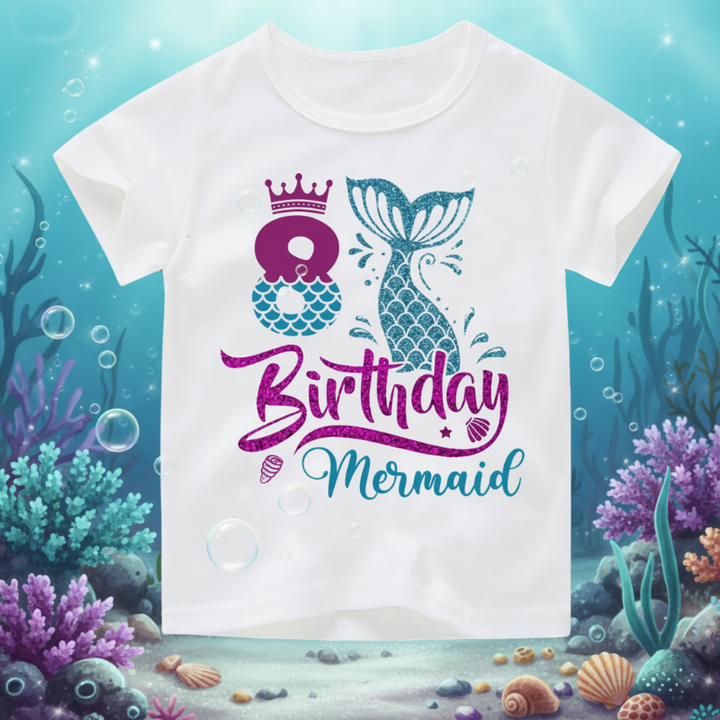 White eighth-birthday T-shirt with a purple number 8, crown, and teal mermaid tail