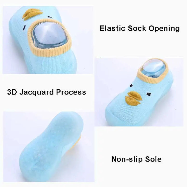 Sock shoe details showing an elastic opening, raised duck-face knit, and textured sole
