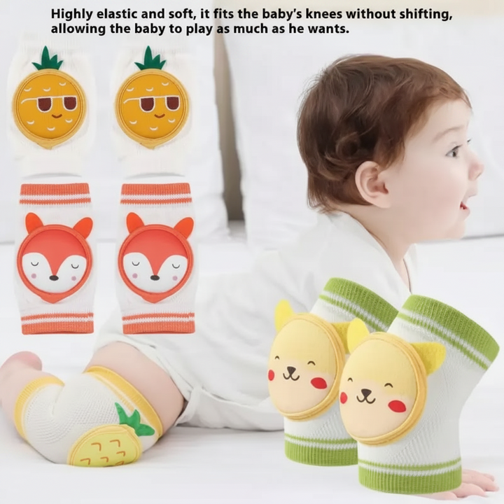 Knee pad styles displayed beside a baby wearing a pineapple design.