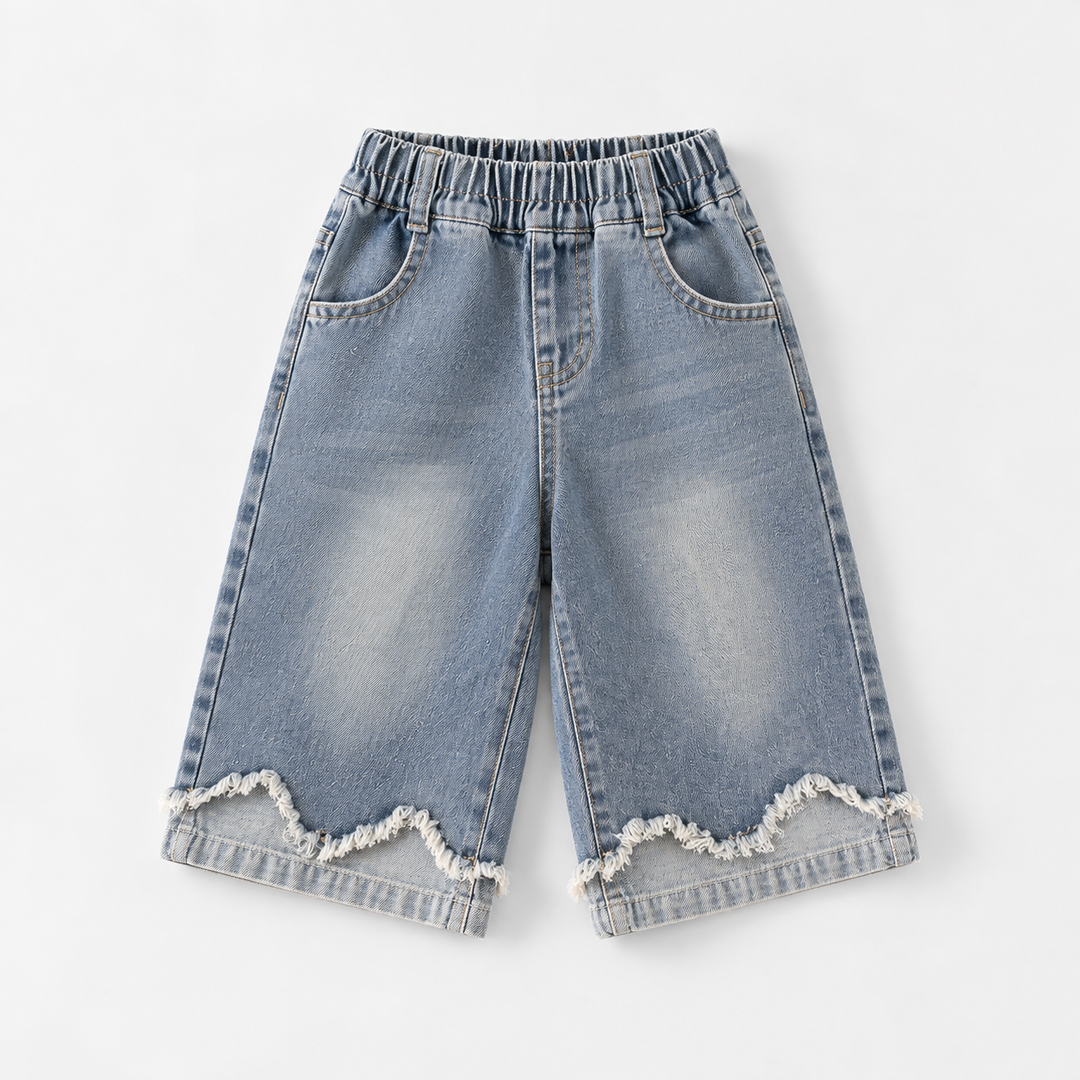 Blue denim jeans with an elastic waistband, front pockets and decorative frayed hems