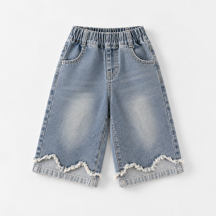 Blue denim jeans with an elastic waistband, front pockets and decorative frayed hems
