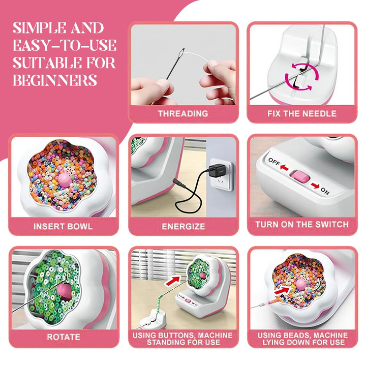 Setup guide showing needle threading, bowl placement, USB connection, and the power switch.