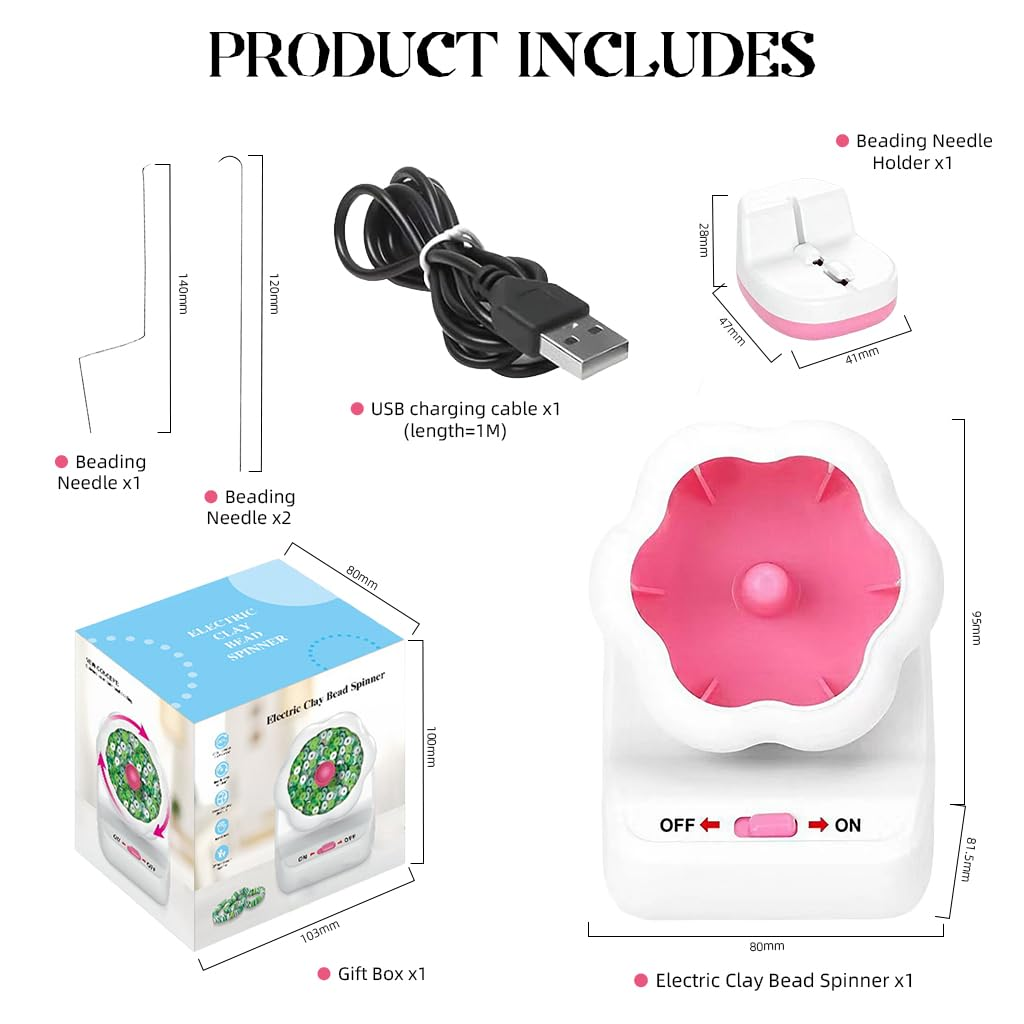 Beading machine contents with needles, needle holder, USB cable, gift box, and measurement guides.