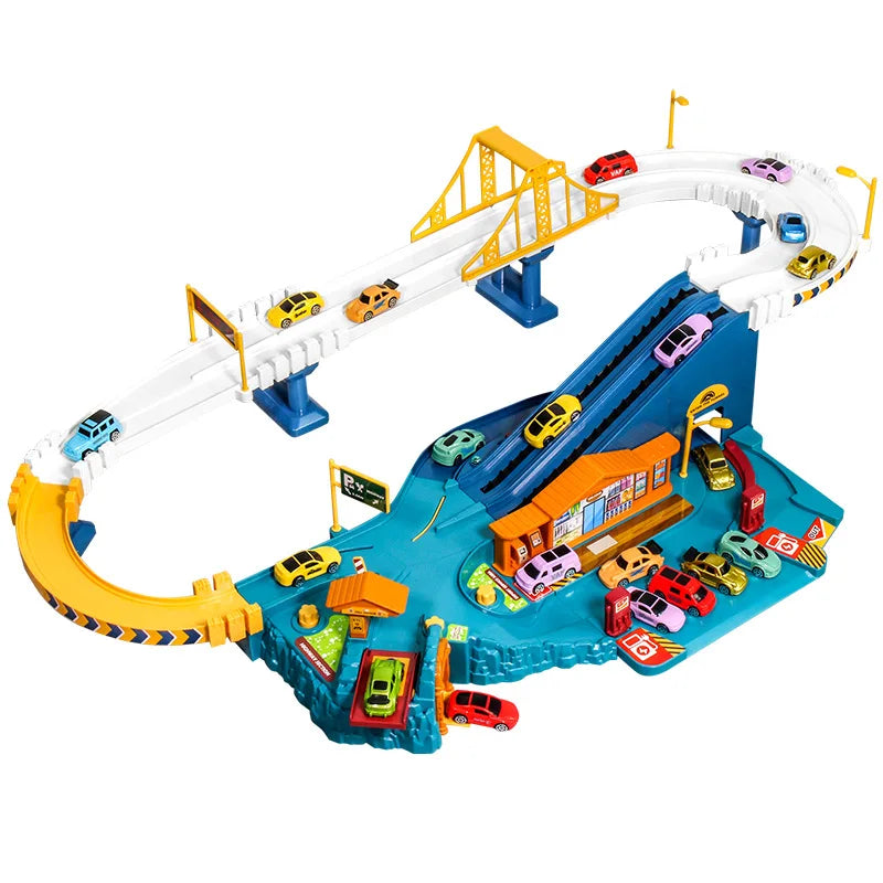 Electric toy car racetrack with an elevated white loop, yellow bridge, blue ramp, and colorful cars.