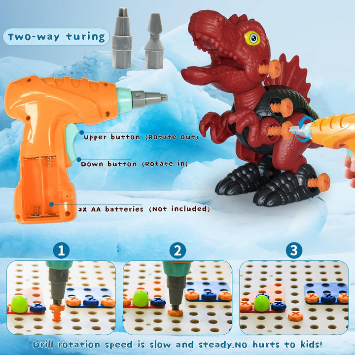 Orange toy drill with two bits, a red dinosaur, and steps for fastening pieces to the board