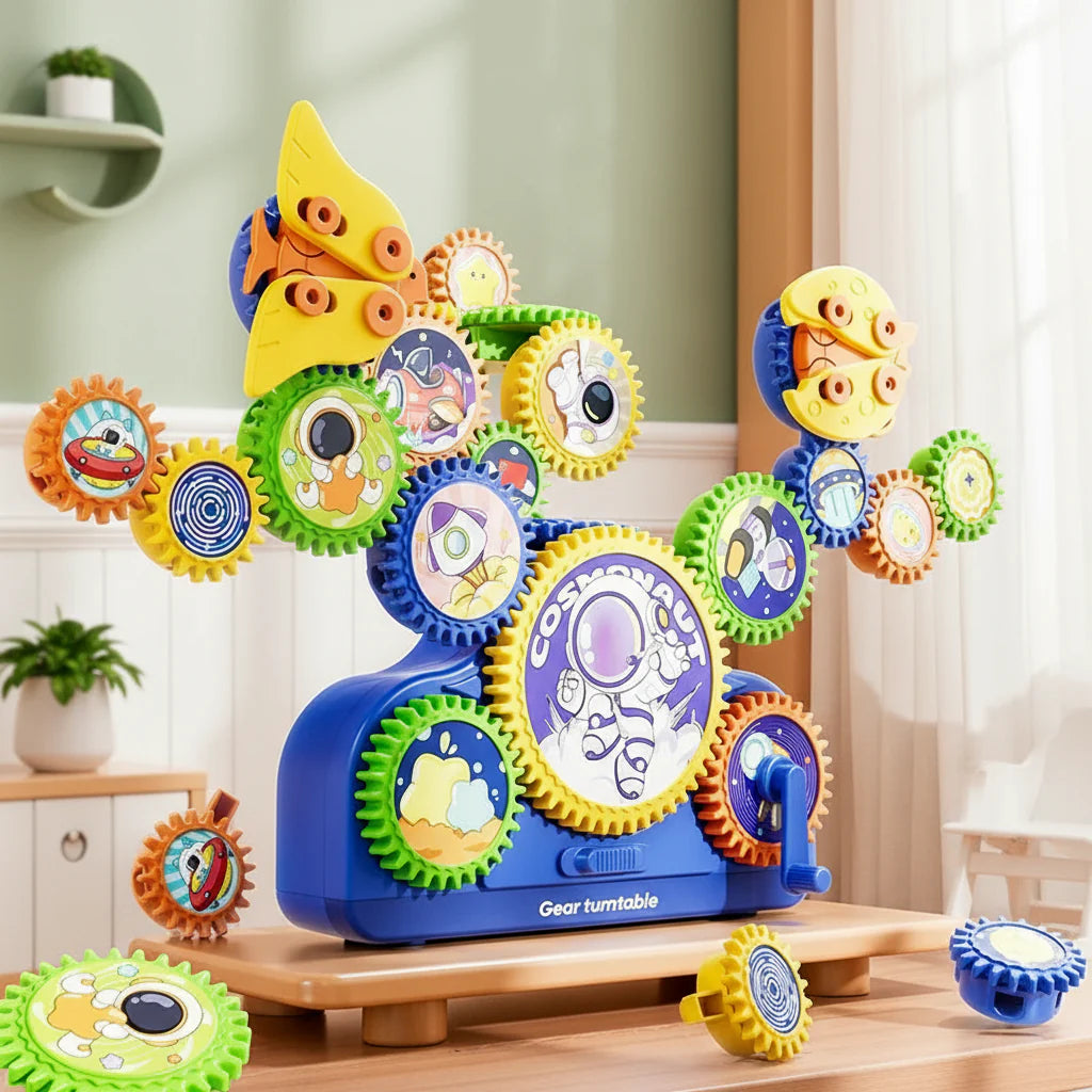 Colorful dinosaur-themed gears in a wide arrangement on a blue building base.
