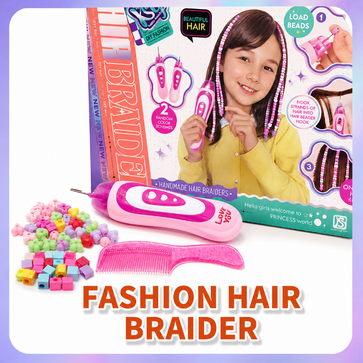 Pink hair braiding tool with a comb, colorful beads, and packaging showing a beaded hairstyle