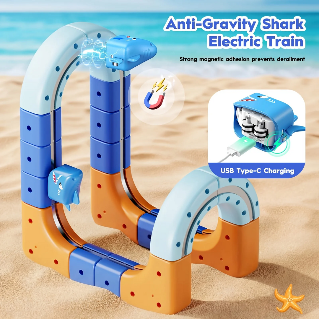 Electric shark train on tall curved track with a USB Type-C charging close-up