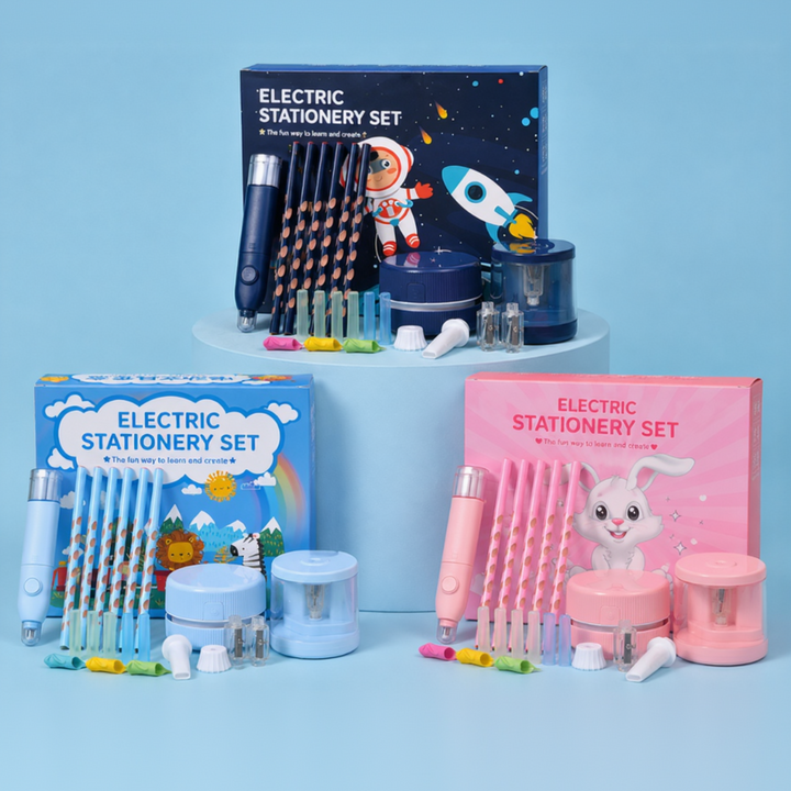 Blue, light blue, and pink electric stationery sets with pencils, grip aids, and desk tools