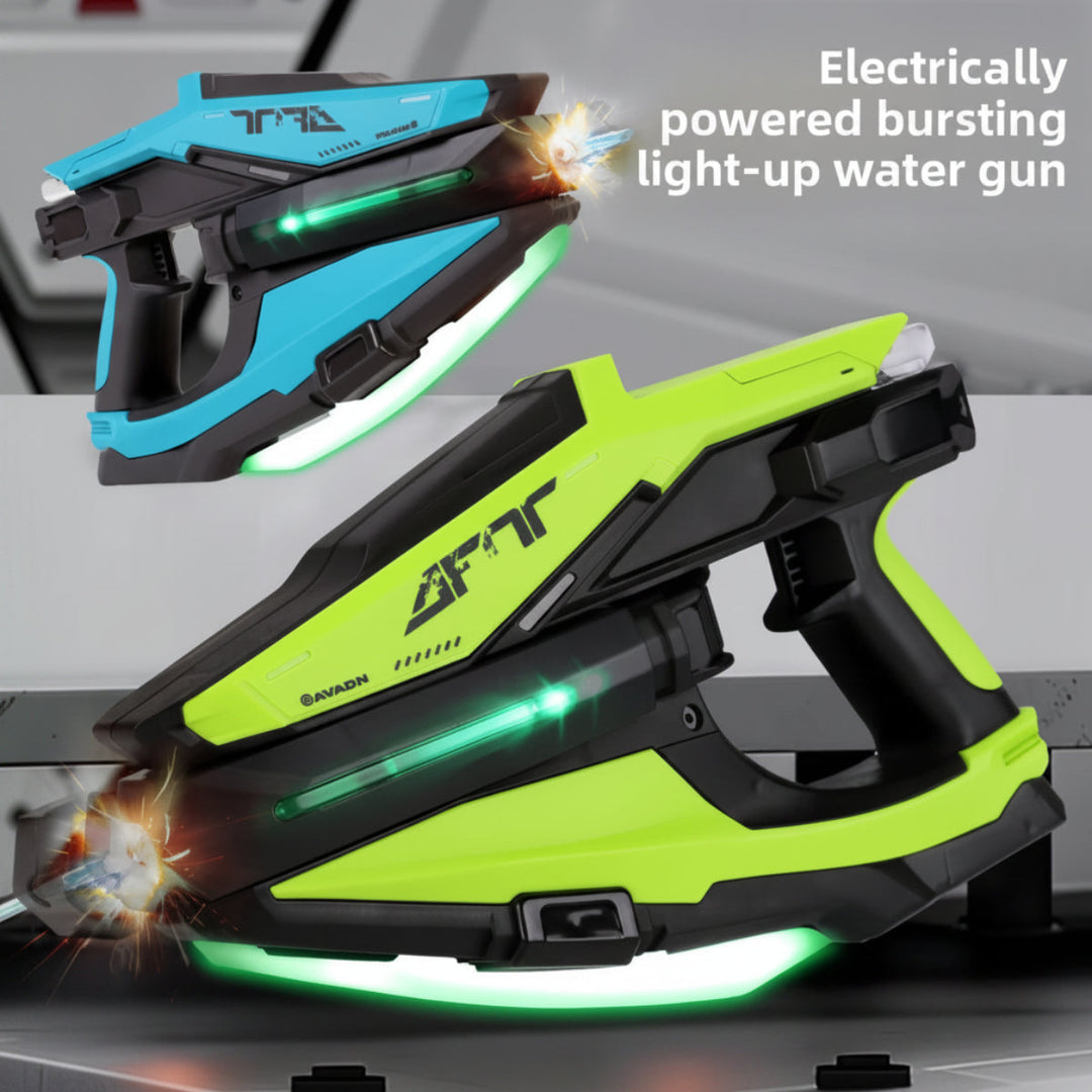 Blue and green rechargeable water blasters with light effects and water streams