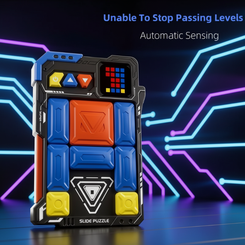 Sliding-block puzzle with colorful pieces and an LED display against a circuit-pattern background