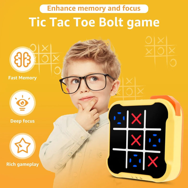Child beside a yellow electronic tic-tac-toe game in a memory and focus graphic