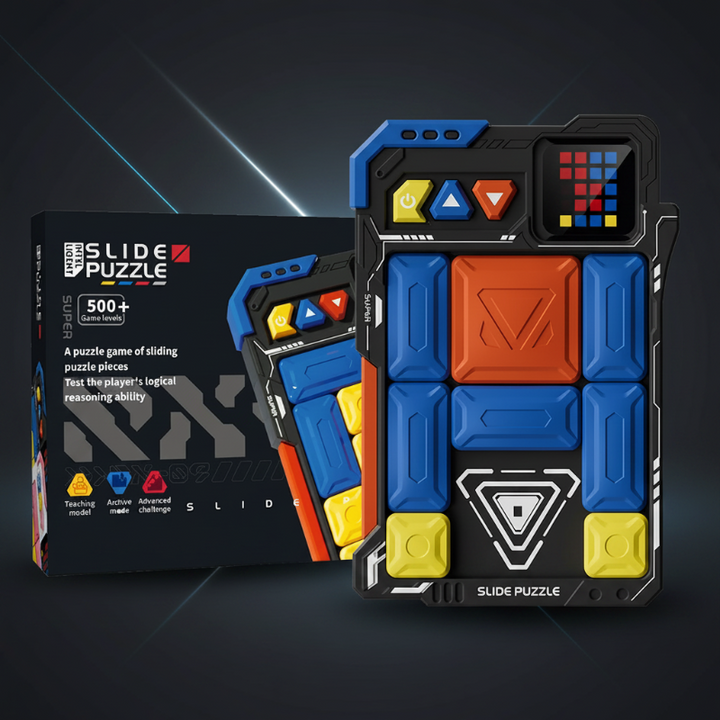 Electronic sliding-block puzzle with blue, yellow, and red pieces beside its retail box