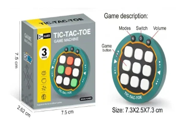 Electronic tic-tac-toe game beside its box, with labeled controls and dimension diagrams