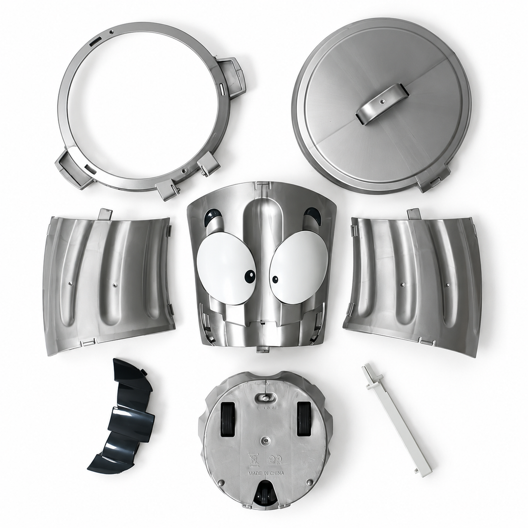 Trash can game shown disassembled with body panels, lid, base, and internal parts.