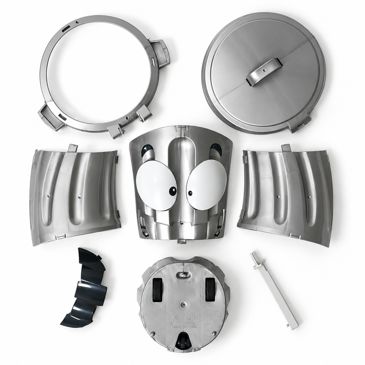 Trash can game shown disassembled with body panels, lid, base, and internal parts.