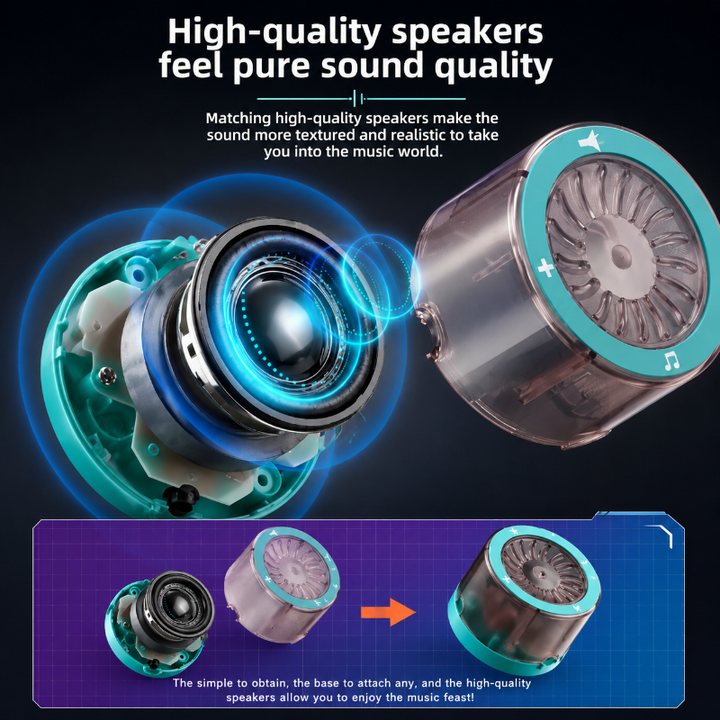 Speaker module with an exploded view of its internal parts