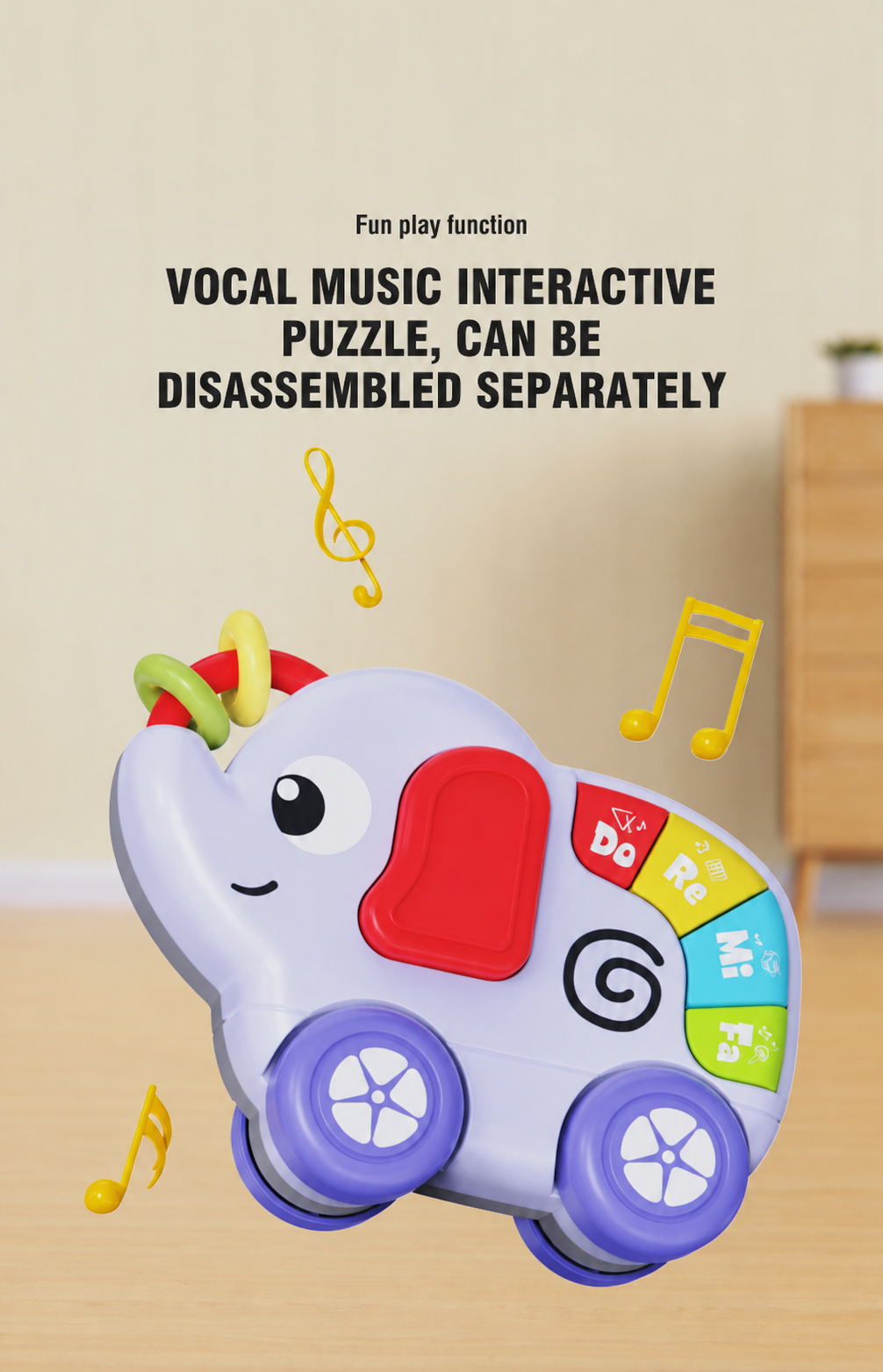 Elephant-shaped activity toy with colorful buttons and purple wheels
