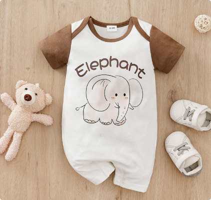 Cream baby romper with brown sleeves and a smiling elephant graphic