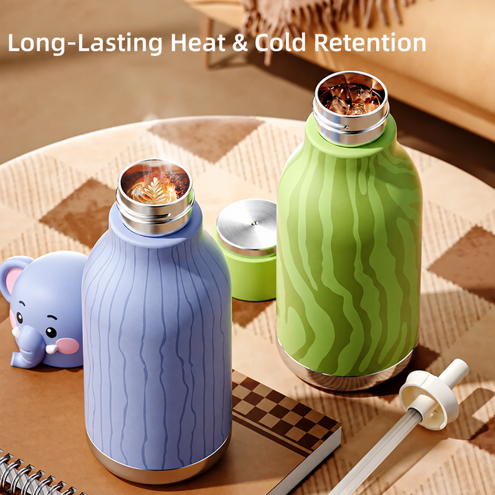 Purple elephant and green dinosaur thermos bottles holding drinks beside their removed caps