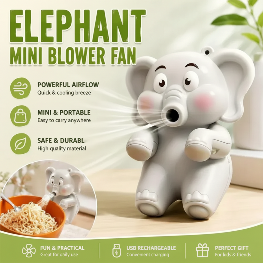 Elephant food cooling fan with an airflow illustration and an inset showing use beside noodles