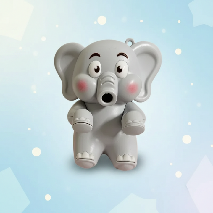 Front view of a gray elephant food cooling fan against a pale blue star-patterned background