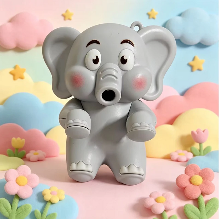 Gray elephant food cooling fan in a pastel scene with clouds, flowers, and stars